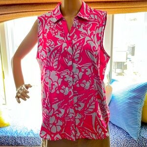Charter Club Pink & Blue Sleeveless Collard Top